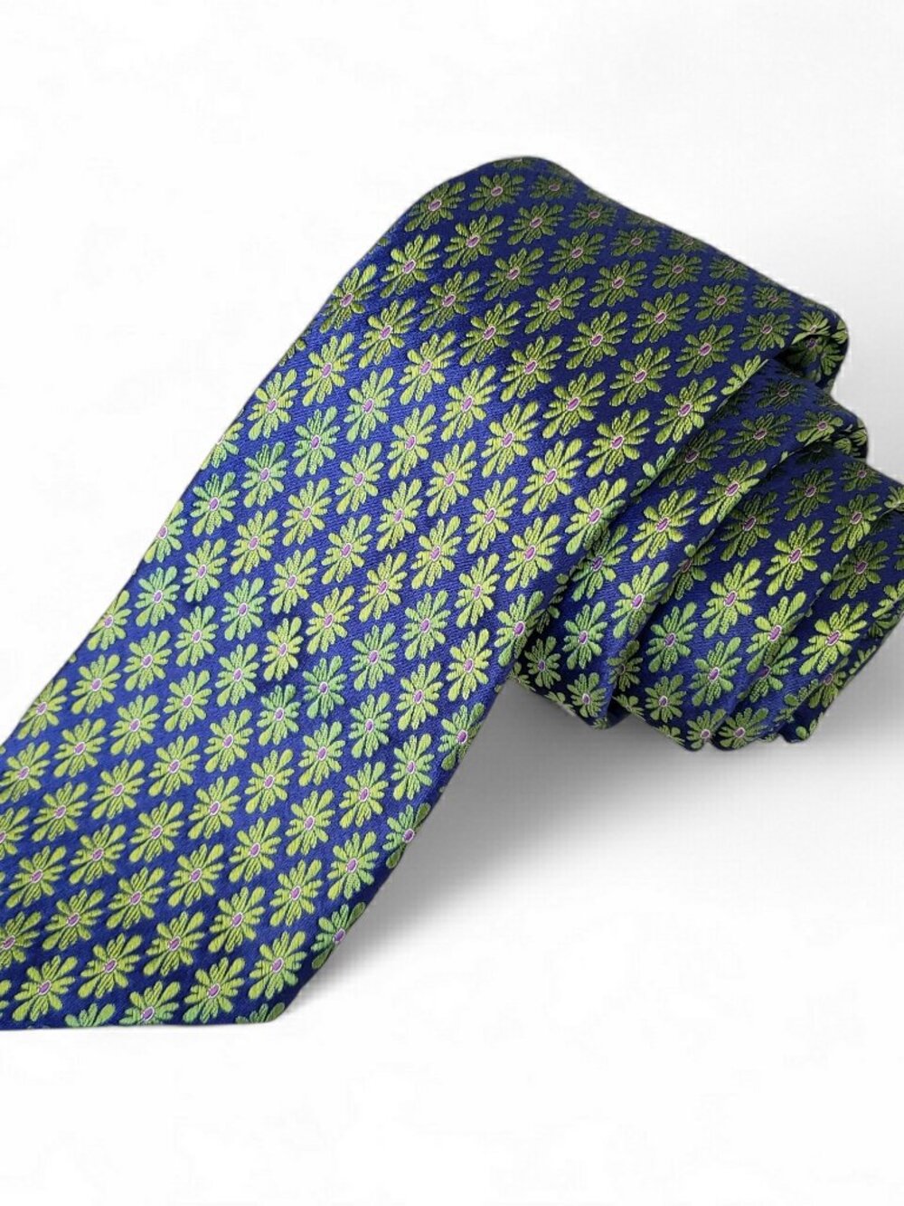 Ted Baker 100% Silk Tie Green & Blue Floral Diamond Pattern